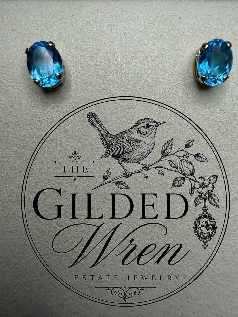 Vintage 10K Gold Blue Topaz Stud Earrings 2.0 CTW Oval 8x6mm Genuine Estate